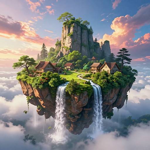 Fantasy CGI image: floating island with rustic houses, lush greenery, waterfall, rocky cliffs, vibrant sunset sky, and fluffy clouds.