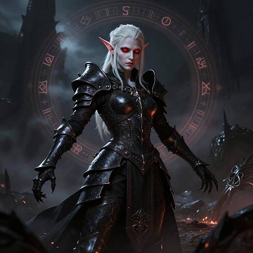 Digital artwork of a fierce, pale-skinned, white-haired elven warrior with red eyes, clad in black, ornate armor, standing in a