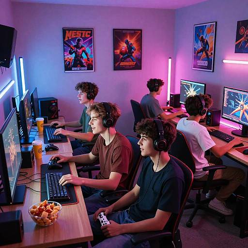 Photograph of four young men with curly hair, wearing headphones, gaming in a brightly lit, purple and blue neon-lit room.
