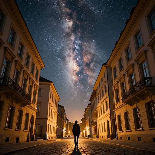 Photograph of a lone person standing on a cobblestone street at night, flanked by illuminated buildings, with a breathtaking, starry Milky Way