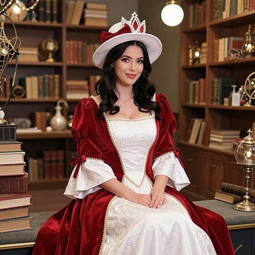 Photograph of a fair-skinned woman with dark, wavy hair, wearing a red velvet and white satin Renaissance-style dress with a white hat adorned
