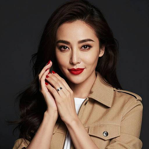 Photograph of a beautiful woman with long dark hair, red lipstick, and red nails, wearing a beige military-style jacket, against a dark background.