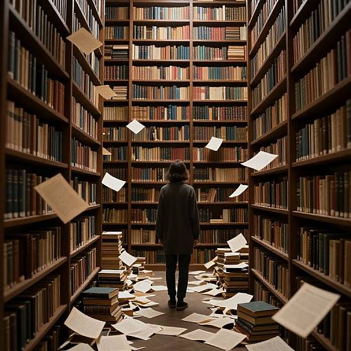 Photograph of a person with dark hair, back facing, standing in a narrow, dimly lit library aisle with books and papers floating around.