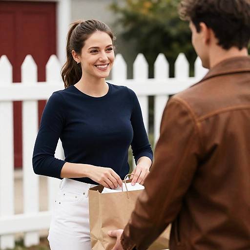 Woman Receiving Grocery Bag from Man Outdoors