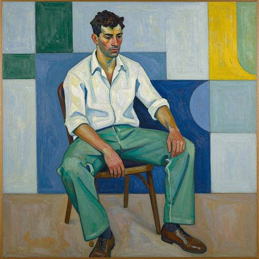 Cubist-style painting of a pensive man with dark hair, white shirt, green pants, and brown shoes, sitting against a colorful geometric background