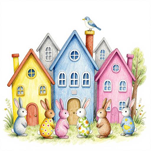 Whimsical watercolor illustration of three colorful houses (yellow, blue, pink) with six Easter bunnies and a bird perched on the