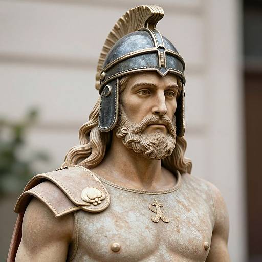 Photorealistic statue of a muscular, bearded ancient Greek warrior with a metallic helmet and shoulder armor, featuring a detailed crest and cross necklace. Bl