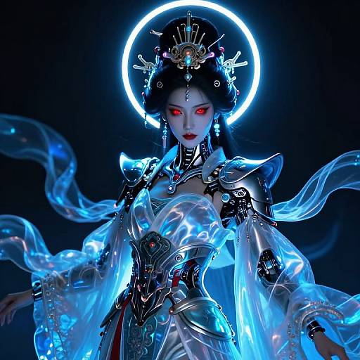 Digital art of a glowing, ethereal Asian woman with red eyes, wearing intricate armor and a radiant halo, surrounded by blue, ghostly smoke.