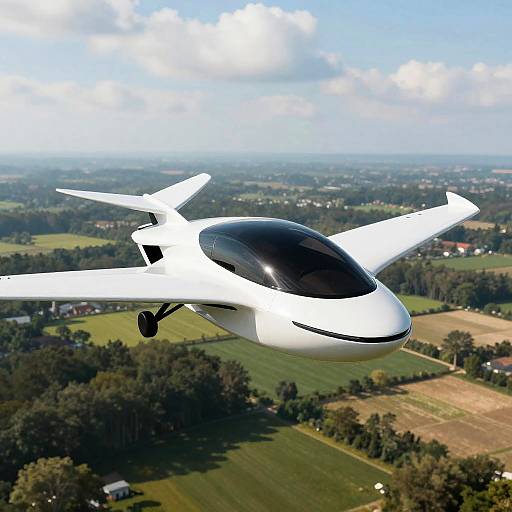 Futuristic White Flying Car Above Countryside