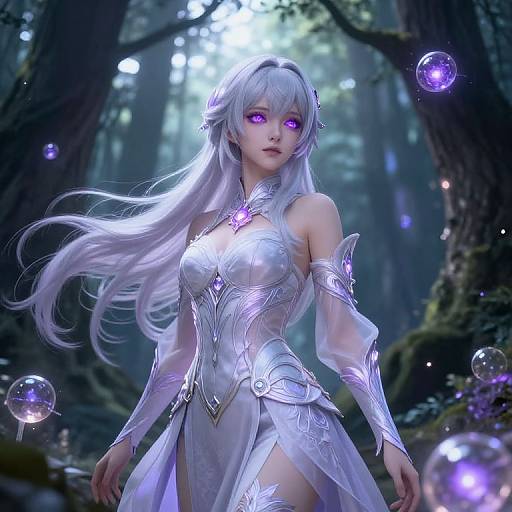 Digital art of a silver-haired, purple-eyed elf woman in intricate silver armor, surrounded by glowing purple bubbles in a mystical forest.