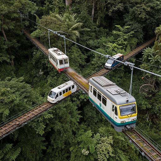 Aerial photograph of three colorful trains on forested train tracks, surrounded by dense green foliage, with visible power lines above.