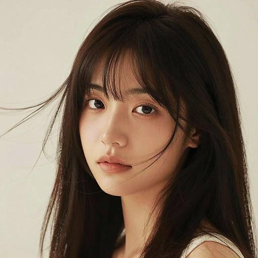 Photograph of an East Asian woman with long, straight black hair, bangs, and soft brown eyes, gazing slightly to the right. She
