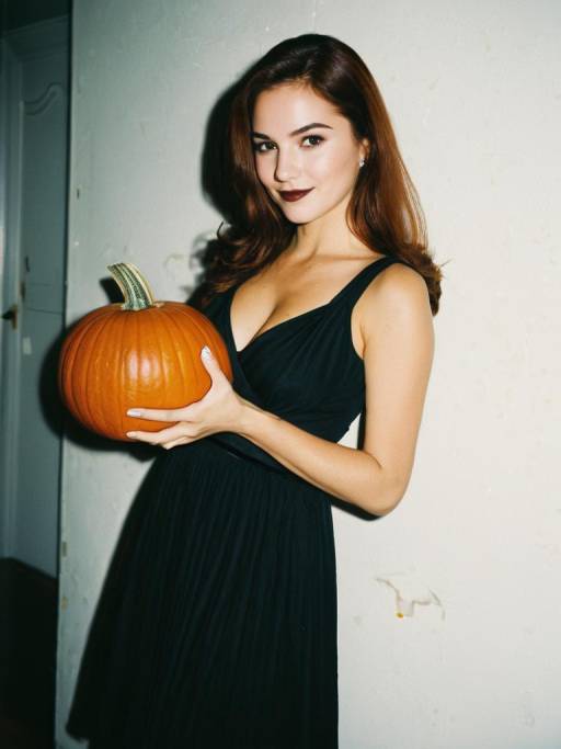 Woman in Black Dress Holding Pumpkin