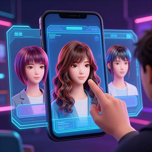 Photorealistic CGI of a hand touching a smartphone displaying three Asian women with different hair lengths and styles in glowing blue holographic frames. Neon-lit