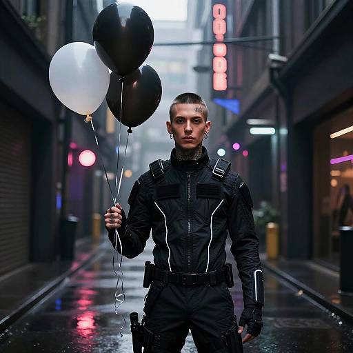 Photograph of a serious, short-haired man in black tactical gear holding black and white balloons in a neon-lit, rainy alley.