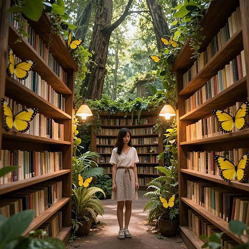 Photograph of a young woman in a white dress standing between two wooden bookshelves filled with books, surrounded by yellow butterflies and lush greenery,