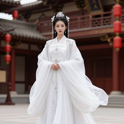 Photograph of an East Asian woman in a traditional white hanbok with intricate embroidery, pearl headpiece, and red lanterns in the background.