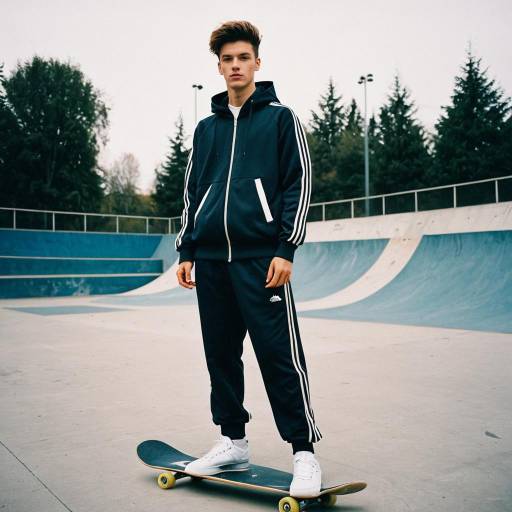 Young Male Skateboarder in Black Tracksuit