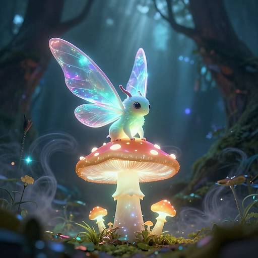 Digital fantasy artwork of a glowing blue fairy with iridescent wings perched on a bioluminescent mushroom in a mystical forest.