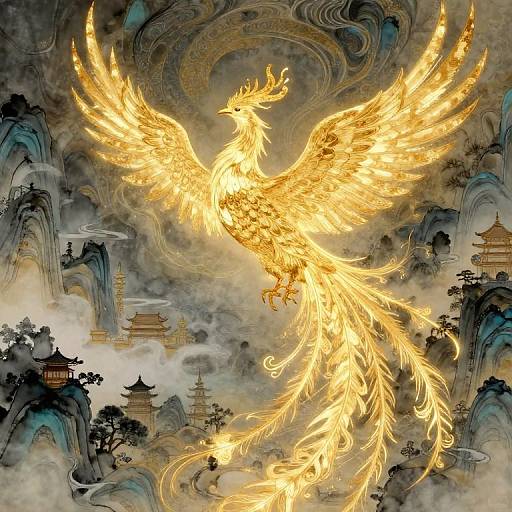 Digital artwork of a radiant, golden phoenix with fiery wings soaring above misty, mountainous landscape with traditional Chinese pagodas.
