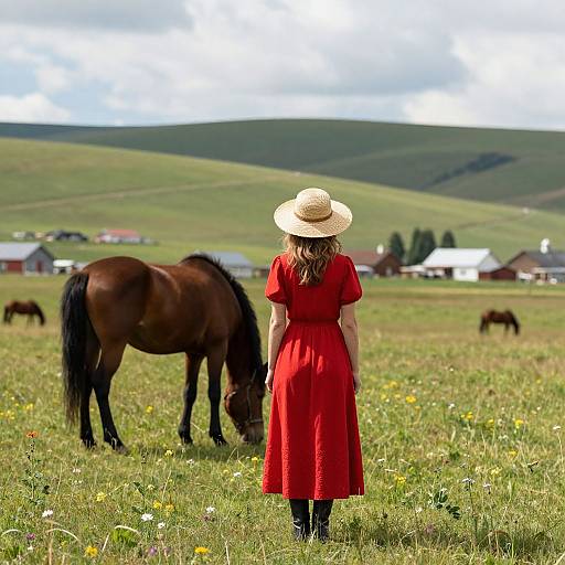 Photograph of a woman in a red dress and straw hat, standing in a grassy field with horses, facing hills and scattered farm buildings under a