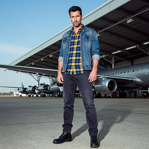 Photograph of a bearded man with short dark hair, wearing a blue denim jacket, yellow and blue plaid shirt, black jeans, and boots