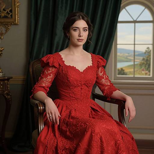 Photograph of a fair-skinned woman with dark hair, wearing a red lace Victorian gown, seated in an ornate chair, with a landscape view