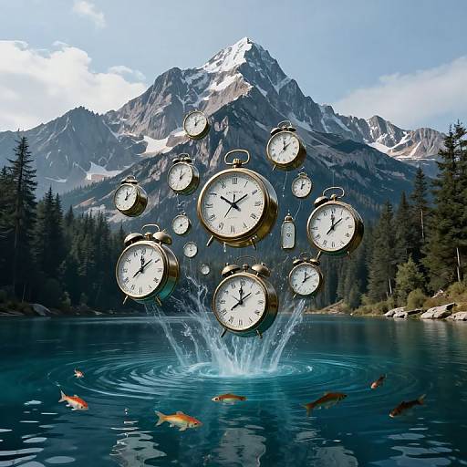 Photograph: Clocks floating above a mountain lake with splashing water, surrounded by pine trees, snow-capped mountains, and colorful fish.