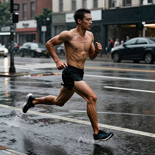 Wiry Runner Sprinting in Rain