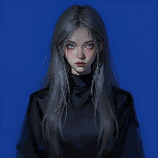 Digital painting of a pale-skinned, blue-eyed young woman with long, straight gray hair, wearing a black turtleneck, against a solid blue