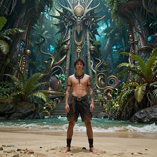 Photorealistic CGI: Muscular, shirtless man with dark hair, black shorts, standing on beach before elaborate, jungle temple with golden, orn