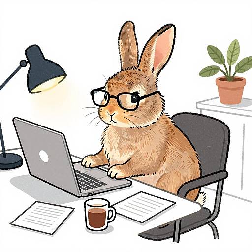 Cozy Rabbit Working at a Laptop