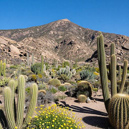 Photograph of a desert landscape featuring tall, green cacti, yellow wildflowers, and a rocky mountain under a clear blue sky.