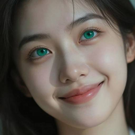 Close-up photograph of a young Asian woman with fair skin, bright green eyes, subtle smile, and dark brown hair, softly lit.