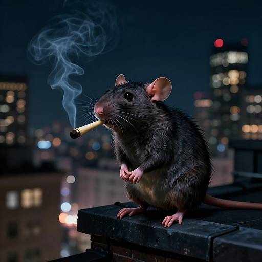 Photorealistic image of a black rat smoking a cigarette on a rooftop at night, with blurred city lights in the background.