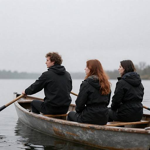 Trio in a Small Boat on Calm Water