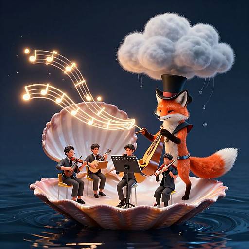 Digital artwork of anthropomorphic fox in top hat, leading musical quartet in shell boat on water, with music notes and cloud.