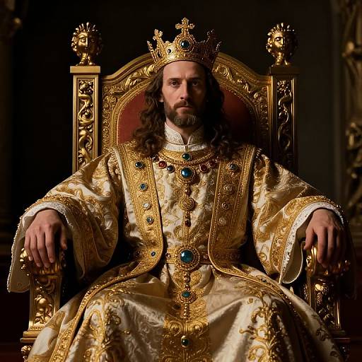 Photograph of a bearded, long-haired man in an ornate, gold-embroidered royal robe and crown, seated on a lavish,