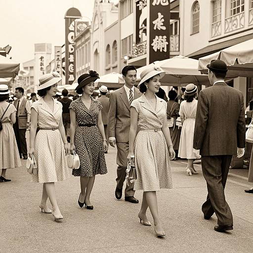 Sepia-toned photograph of 1950s-style street scene: women in polka dot and white dresses, hats, holding handbags, men