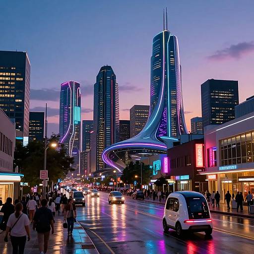 Neon-lit futuristic cityscape at dusk with glowing skyscrapers, illuminated pedestrian bridge, bustling street, reflective wet pavement, and colorful storefronts