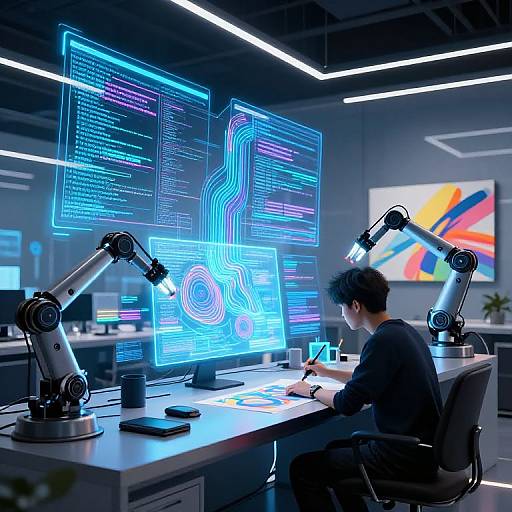 Photorealistic CGI of a tech-savvy Asian man in a dark shirt, sitting at a glowing, high-tech desk with neon blue screens and