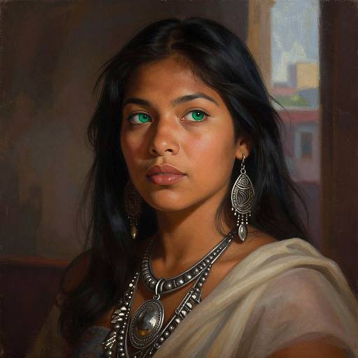 Photorealistic digital painting of a young Indian woman with dark hair, green eyes, wearing intricate silver jewelry and a white saree, against a dim