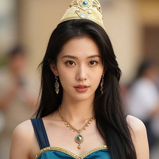 Photograph of an Asian woman with long black hair, wearing a gold crown, blue dress with gold trim, and jewelry, standing in a blurred urban