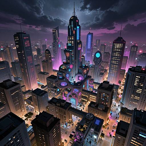 Neon-lit, futuristic cityscape at night with glowing skyscrapers, vibrant pink and purple lights, and busy streets below, depicted in digital
