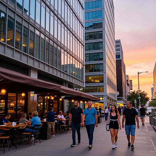 Photograph of a bustling city street at sunset, featuring people walking, outdoor café seating, glass office buildings, and warm, orange twilight sky.