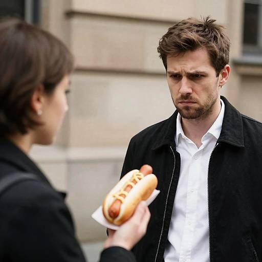 Annoyed Man and Hot Dog Humor Photo