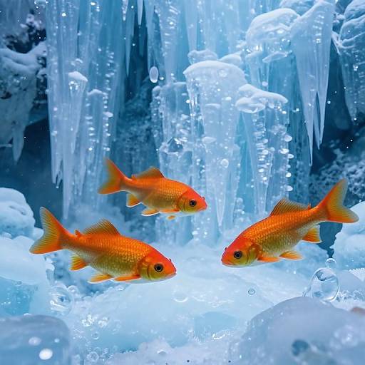 Photograph of three vibrant orange goldfish swimming amidst icy blue icicles and bubbles, creating a striking contrast between the fish's bright color and the cool
