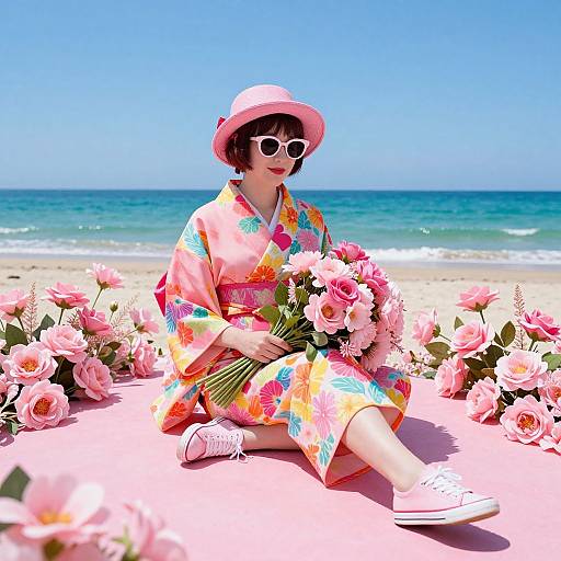 Photograph of a woman in a colorful floral kimono, pink hat, white sunglasses, and white sneakers, sitting on a pink blanket at a beach