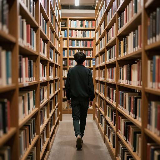 Photograph of a man with short black hair, wearing a black jacket and jeans, walking down a narrow library aisle lined with wooden bookshelves filled