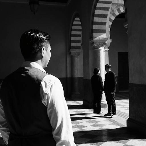 Man Watching Couple in Arched Hallway